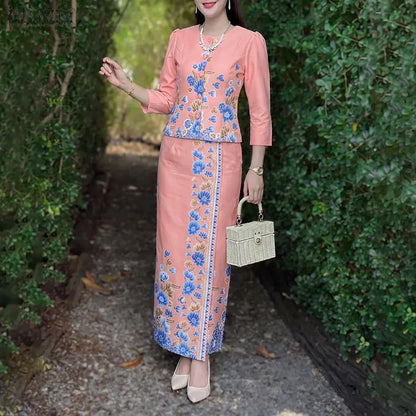ZANZEA Autumn Outfits Dress Sets Floral Print Elegant 3/4 Sleeve Buttons Up Tops With A Line Skirt Two Piece Sets Oversize