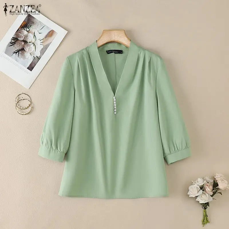 ZANZEA Women Sophisticated Pearls Detail Blouses V-Neck Pleated 3/4 Puff Sleeve Solid Color Tops Office Elegant Blusas de Mujer