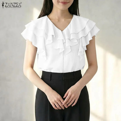 ZANZEA Women Layered Ruffles Blouses Elegant V-Neck Sleeveless Solid Color Top Summer Minimalist Casual Graceful Blusas de Mujer