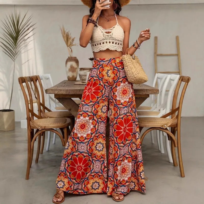 Women High Waist Boho Floral Wide Leg Pants Casual Loose Palazzo Trousers Summer Beach Vacation Pants