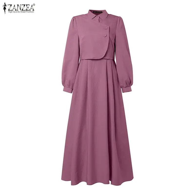 ZANZEA Fashion Muslim Abaya Dresses Ramadan Robe Women Elegant Long Sleeve Pleated Sundress Dubai Casual Kaftan Fake 2 Pieces