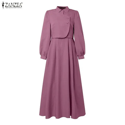 ZANZEA Fashion Muslim Abaya Dresses Ramadan Robe Women Elegant Long Sleeve Pleated Sundress Dubai Casual Kaftan Fake 2 Pieces