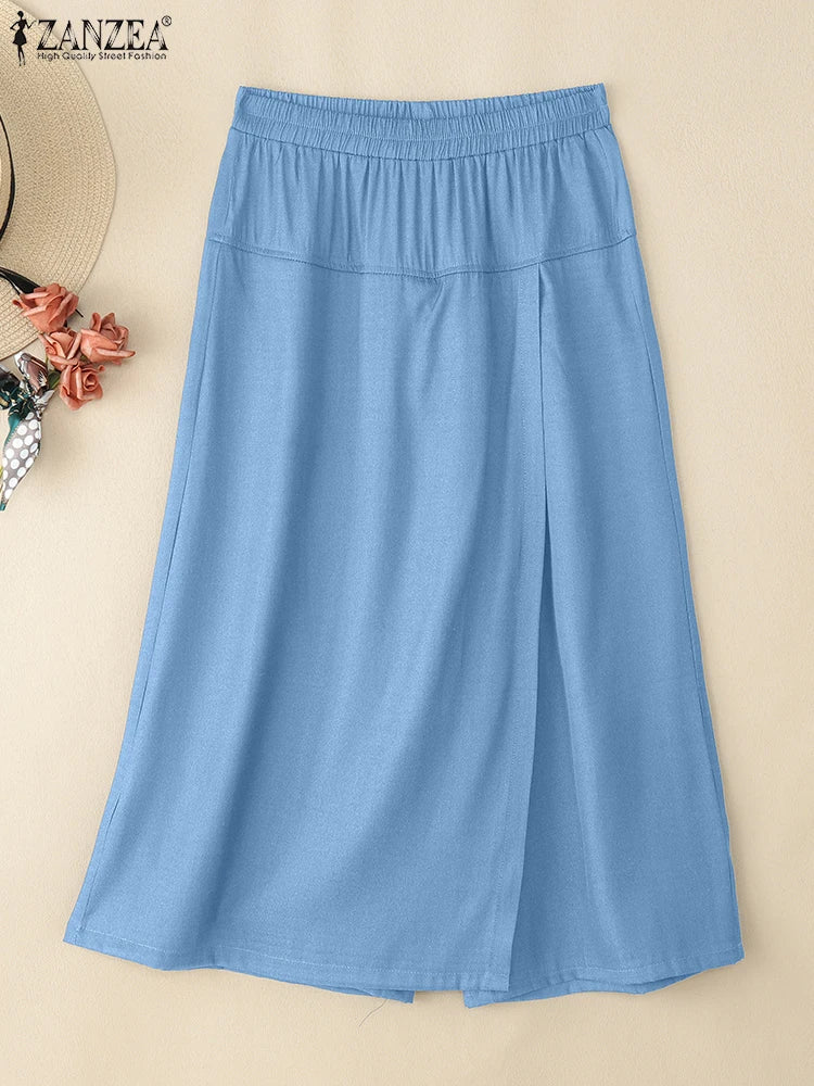 ZANZEA 2025 Fashion Women Skirt Pants Elastic Waist Pantalons Summer Casual High Waist Solid Color Long Trousers Wide Leg Pants
