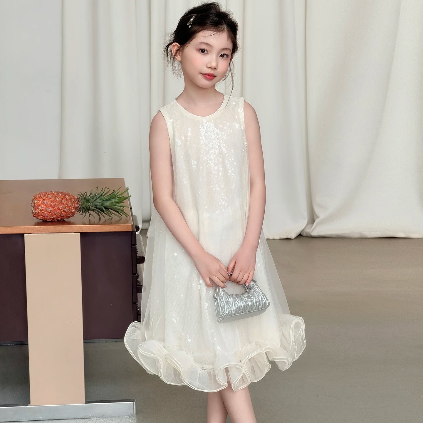 Kids Princess Dresses For Girls White Sleeveless Tulle Ruffle Dress Birthday Party Pageant Wedding Flower Girl Dress 6 -13 Year