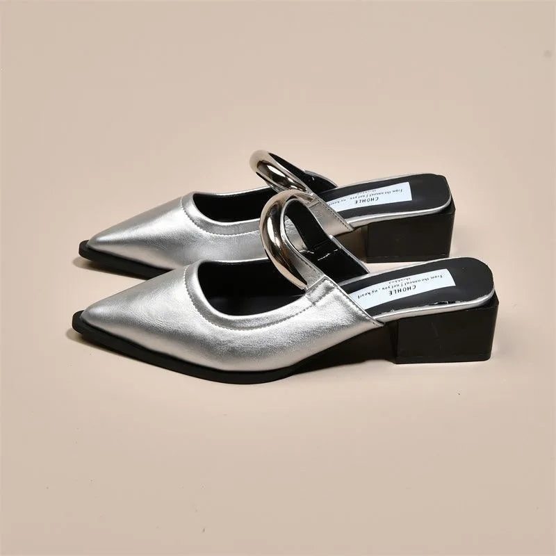 2026 New Women Cover Toe Mules Slippers Fashion Metal Decoration Thick Heel Slide Shoes Comfort Street Style Footwear