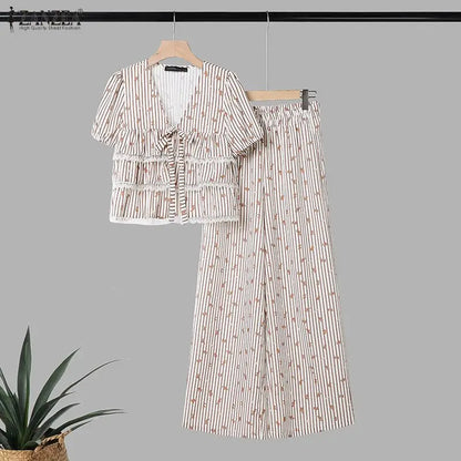 ZANZEA Women Striped 2 Piece Matching Pant Sets Layered Ruffles Lace Trim Short Blouses & Wide Leg Pants Suits Casual Outfits