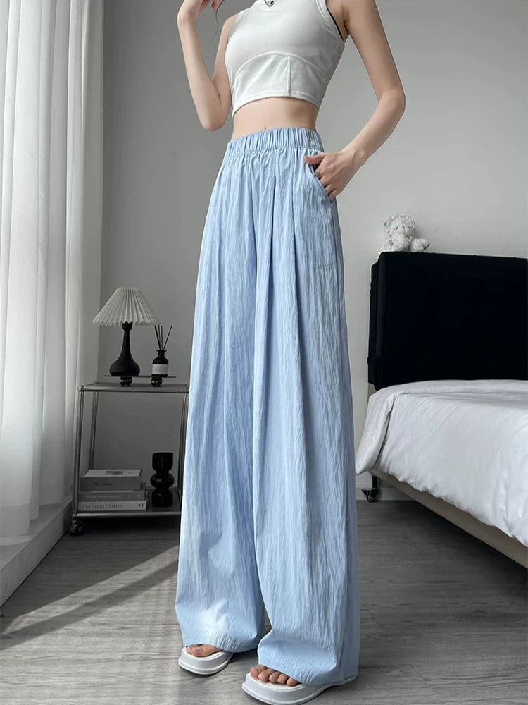 Summer Women's Wide-leg Pants Purple Thin Sunscreen Straight Pant Full Length Elastic Waist Casual Korean Fashion Trousers Women