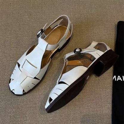 Roman-Style Gladiator Sandals Women Comfort Square-Heel Metal Buckle Straps Flats Sandals Openwork Woven Design Shoes for Women