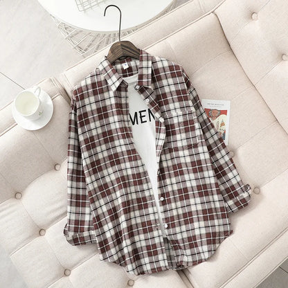 Fresh Flannel Plaid Shirt Women 2026 New Female Blouses and Tops Cotton Loose Long Sleeve Casual Shirts Fine Women's Clothes