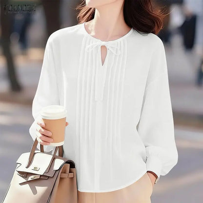 ZANZEA Woman Pintuck Details White Blouses Elegant Lace-Up V-Neck Long Sleeve Top Spring Summer Casual Loose Blusas de Mujer 3XL