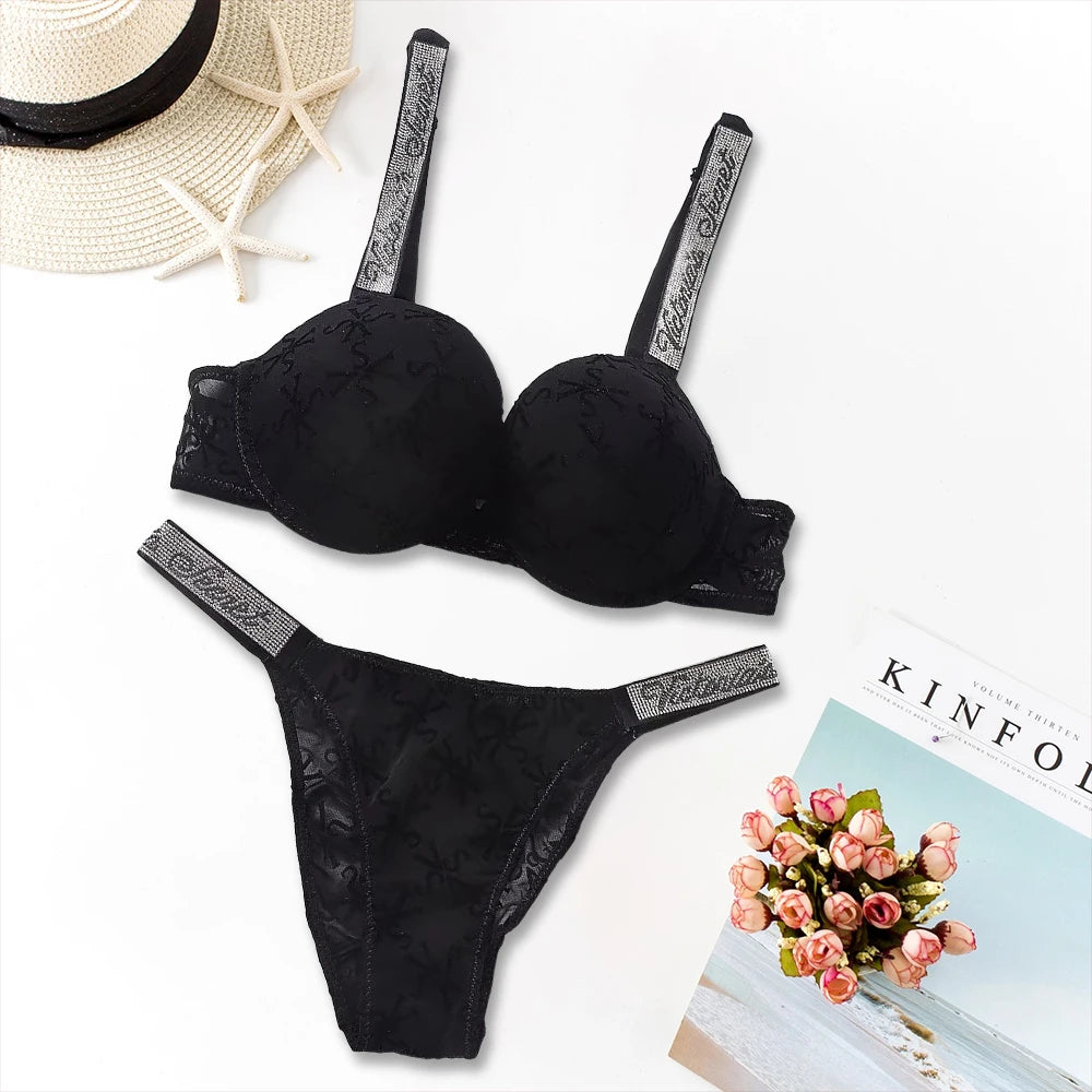 Victoria's Secret Lingerie Set Heart Pattern Trim Stretchy Breathable underwear Set Women's Sexy Lace Bralette Bra and Panty Set