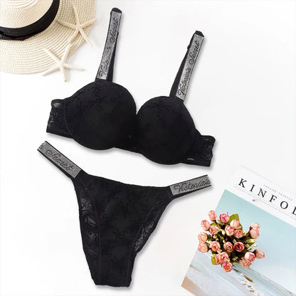 Victoria's Secret Lingerie Set Heart Pattern Trim Stretchy Breathable underwear Set Women's Sexy Lace Bralette Bra and Panty Set