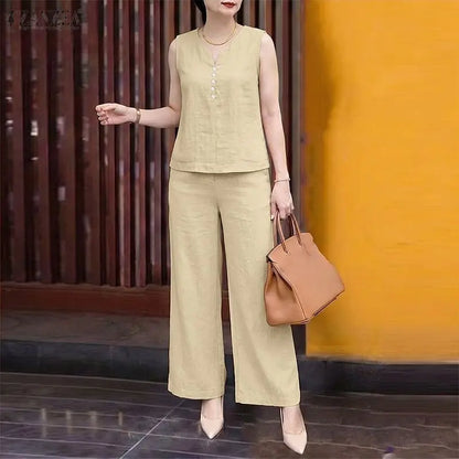 ZANZEA Fashion Summer 2 Pieces Sets Women V Neck Sleeveless Tanks Tops Trousers Suit Casual OL Work Pant Sets Solid OL Tracksuit