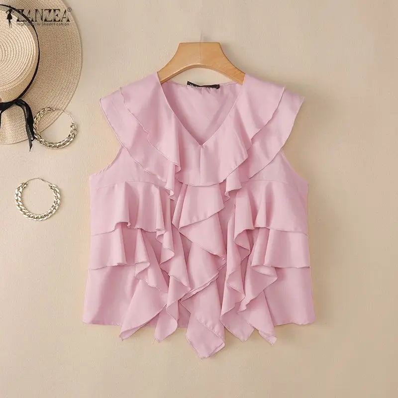 ZANZEA Summer Sleeveless Women Blouses Ruffles Tops Fashion Solid Color Tee OL Work Party Blusas Tunic Streetwear Oversize S-3XL