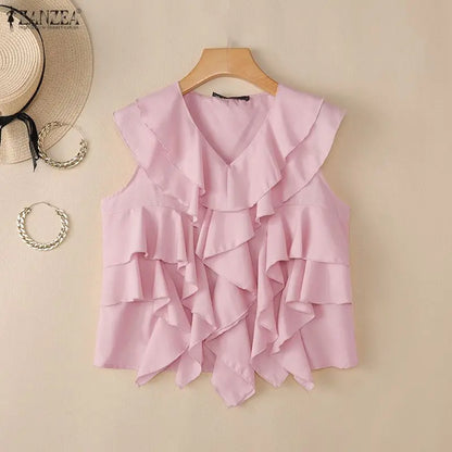 ZANZEA Summer Sleeveless Women Blouses Ruffles Tops Fashion Solid Color Tee OL Work Party Blusas Tunic Streetwear Oversize S-3XL