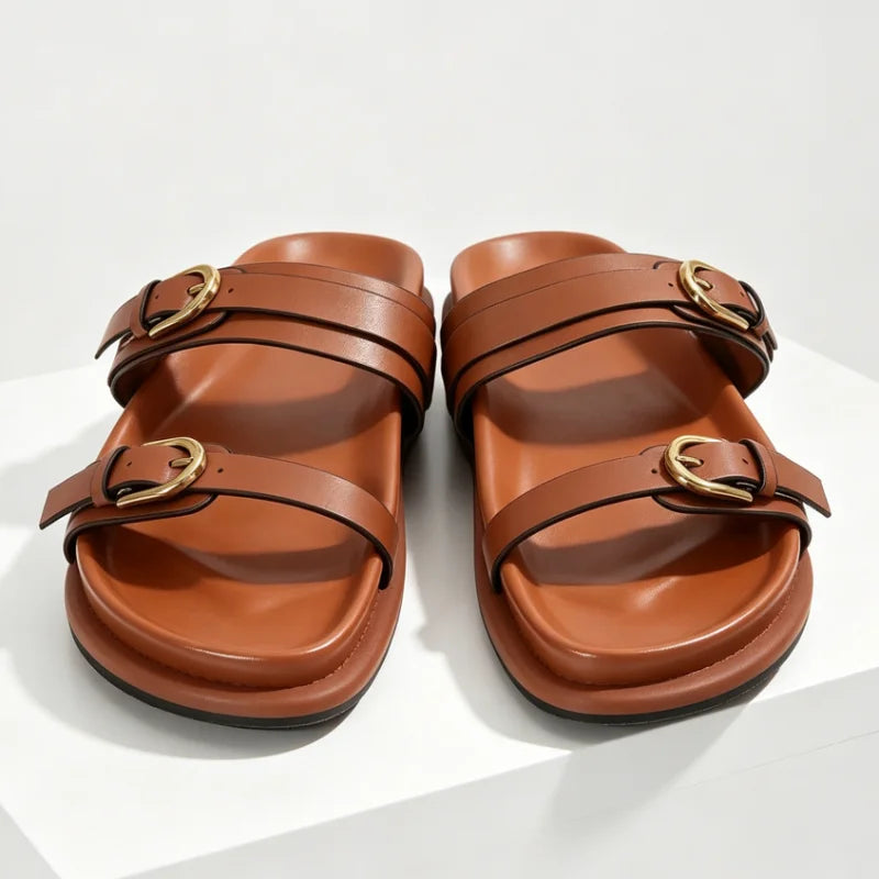 Retro Metal Belt Buckle Detail Flat Slippers for Ladies Comfort Platform Slide Sandals Summer Sexy Open Toe Beach Designer Shoes