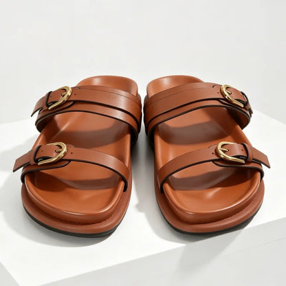Retro Metal Belt Buckle Detail Flat Slippers for Ladies Comfort Platform Slide Sandals Summer Sexy Open Toe Beach Designer Shoes