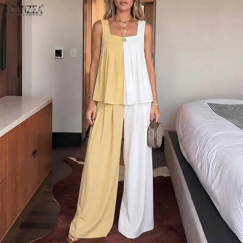 ZANZEA Women Streetwear 2 Piece Pant Sets Color-Blocked Tank Tops & Wide Leg Pants 2pcs Suits 2026 Summer Casual Chic Outfits