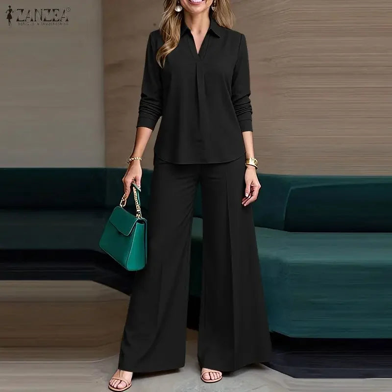 2026 ZANZEA Office Lady Pants Sets Women V Neck Long Sleeve Tops Wide Leg Trousers Suit 2026 Spring Solid Work Outfits Tracksuit