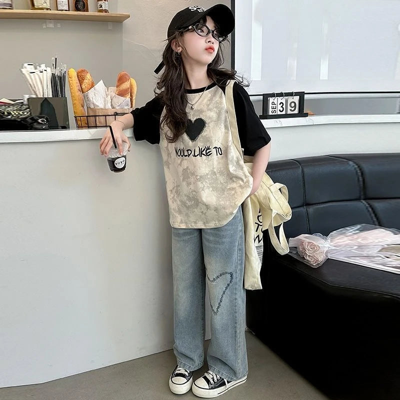 Big Girls Summer T-Shirt Raglan Sleeve Casual Tee Fresh Sweet Fashion Top New Arrival Short Sleeve for Kids Daily Outfit