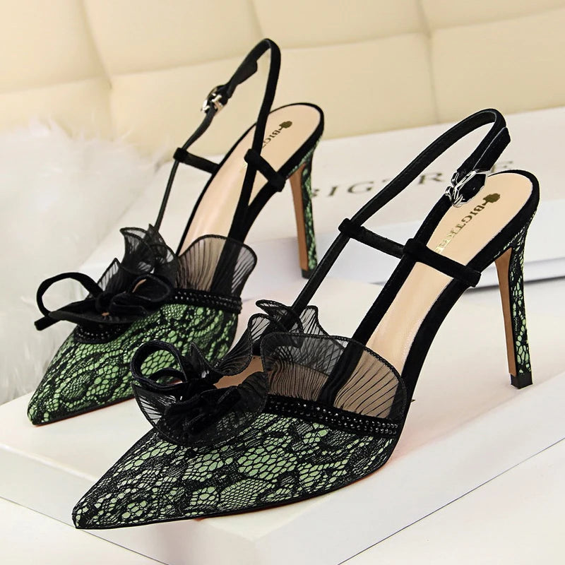 BIGTREE Shoes Fashion Women Sandals Mesh Lace Sexy High Heels 9 Cm Women Pumps Stilettos Summer Heeled Sandals Plus Size 42 43