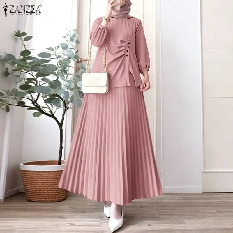 Modest Ramadan Outfit ZANZEA Women Muslim 2 Pieces Sets Stylish Casual O Neck Long Sleeve Pleated Blouse A Line Maxi Skirt Suit