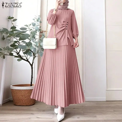 Modest Ramadan Outfit ZANZEA Women Muslim 2 Pieces Sets Stylish Casual O Neck Long Sleeve Pleated Blouse A Line Maxi Skirt Suit
