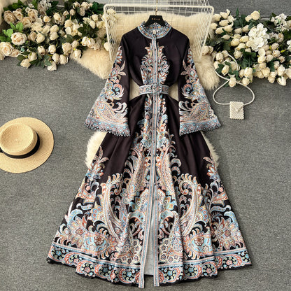 Spring Autumn Women's Dress Vintage Long Sleeve Print Floral High Waist Boho Party Maxi Vestidos Elegant Luxury Long Dresses