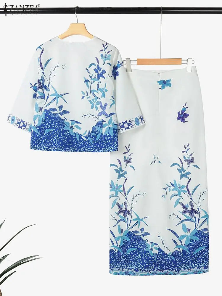 ZANZEA Vintage Floral Printing 2 Pieces Skirt Sets Women Elegant 3/4 Sleeve Short Tops and Long Pencil Skirts 2pcs Suits Outfits