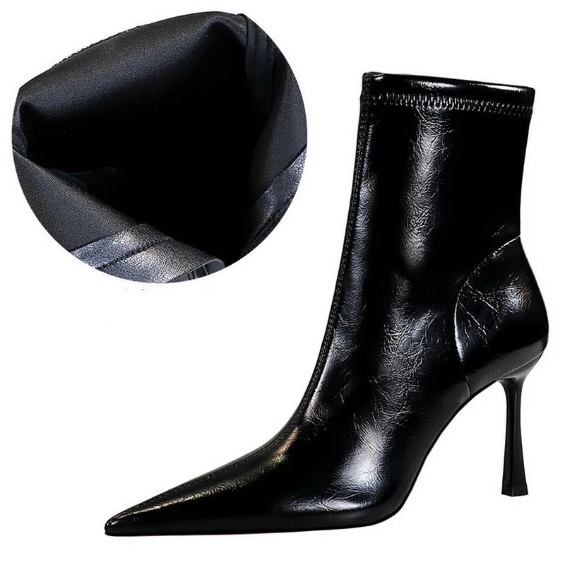 BIGTREE Shoes Women Leather Boots Sexy Women's Ankle Boots High Heels Plush Warm Autumn Winter Shoes Stilettos Short Boots Lady