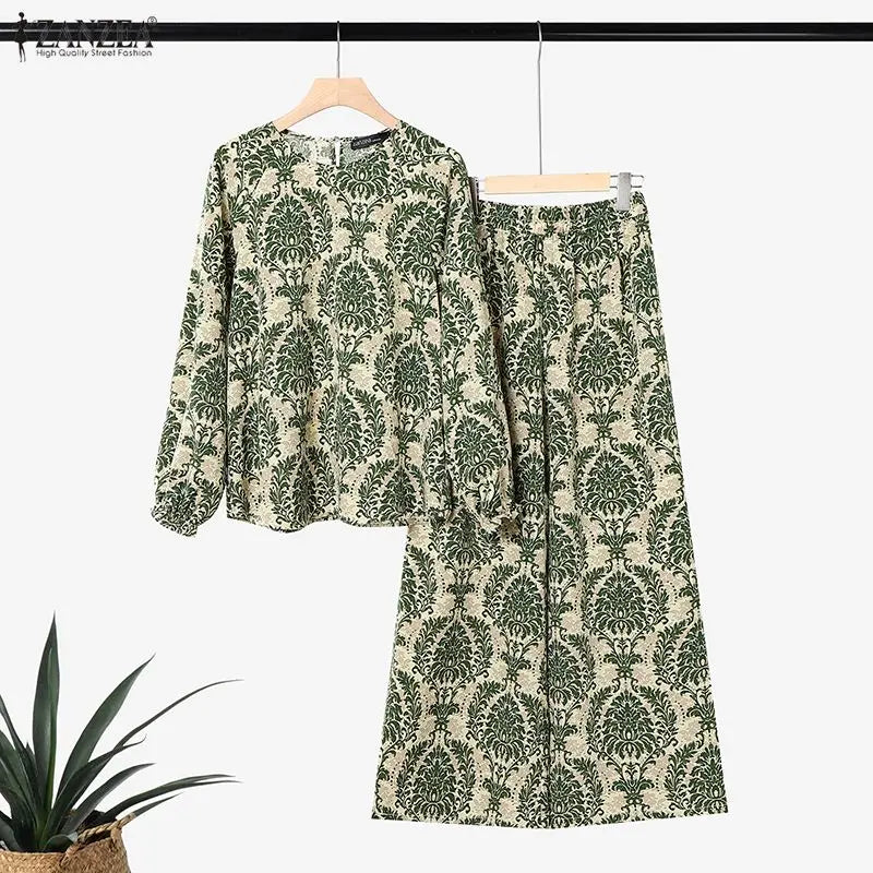 ZANZEA Women Muslim Outfits Bohemian Long Sleeve Blouse Elastic Waist Pant Sets Casual Printed Matching Sets Floral Tracksuit