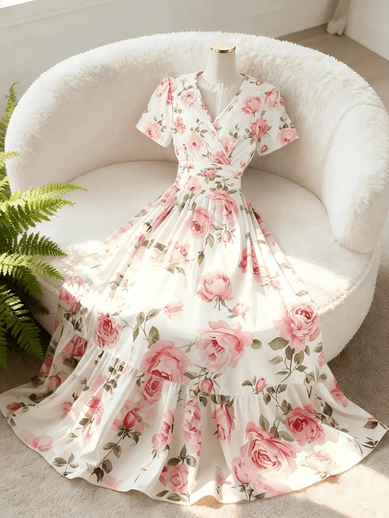 Elegant V-Neck A-Line Long Dress Soft Rose Print Summer Vacation Gown Women's Casual Maxi Skirt