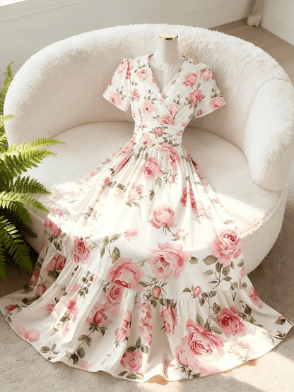 Elegant V-Neck A-Line Long Dress Soft Rose Print Summer Vacation Gown Women's Casual Maxi Skirt