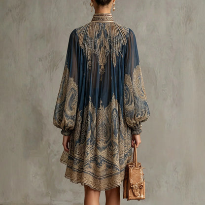 New European-style High-neck Printed Chiffon Dress with Loose, Casual Vacation-themed Shawl Sleeves.