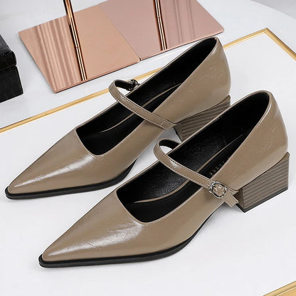 Quality PU Leather Shoes Women Pumps Pointed Tip Mid Heel Women Shoes Chunky Heel Ladies Shoes Buckle Career OL Office Shoes