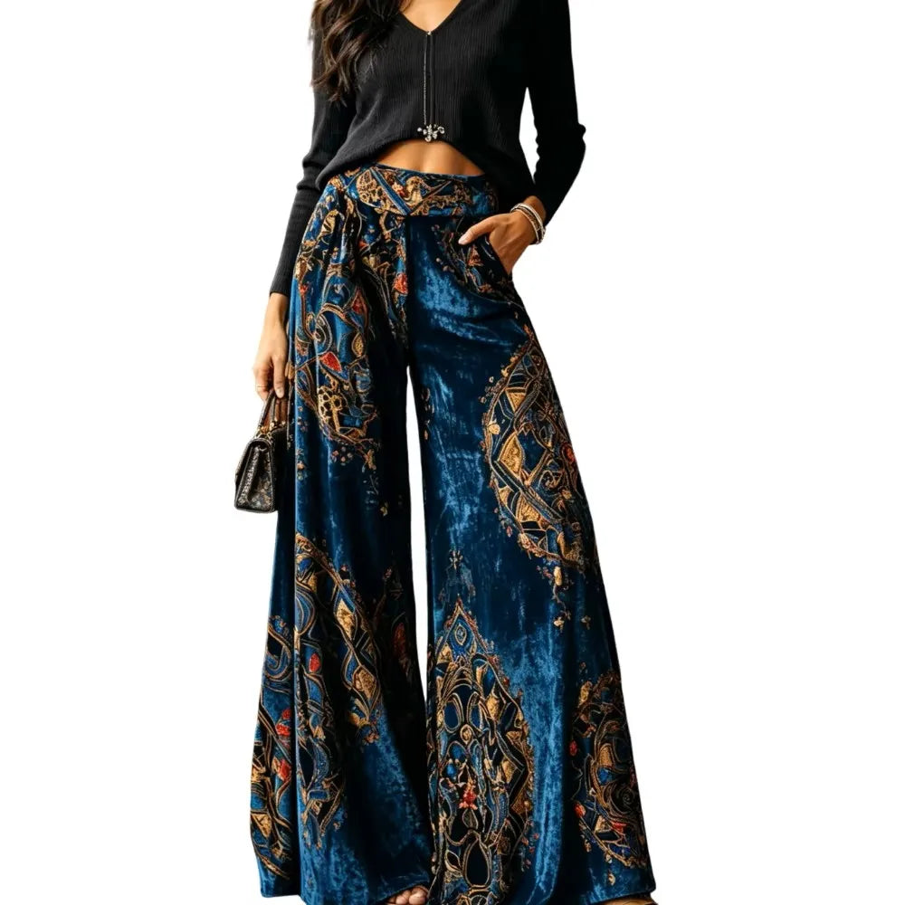 New women's velvet wide-leg pants - high-waisted, thick, soft and elastic, providing good warmth. Blue-green retro oriental geometric print, Bohemian style pocket design. Luxurious pants, suitable for festival parties, office