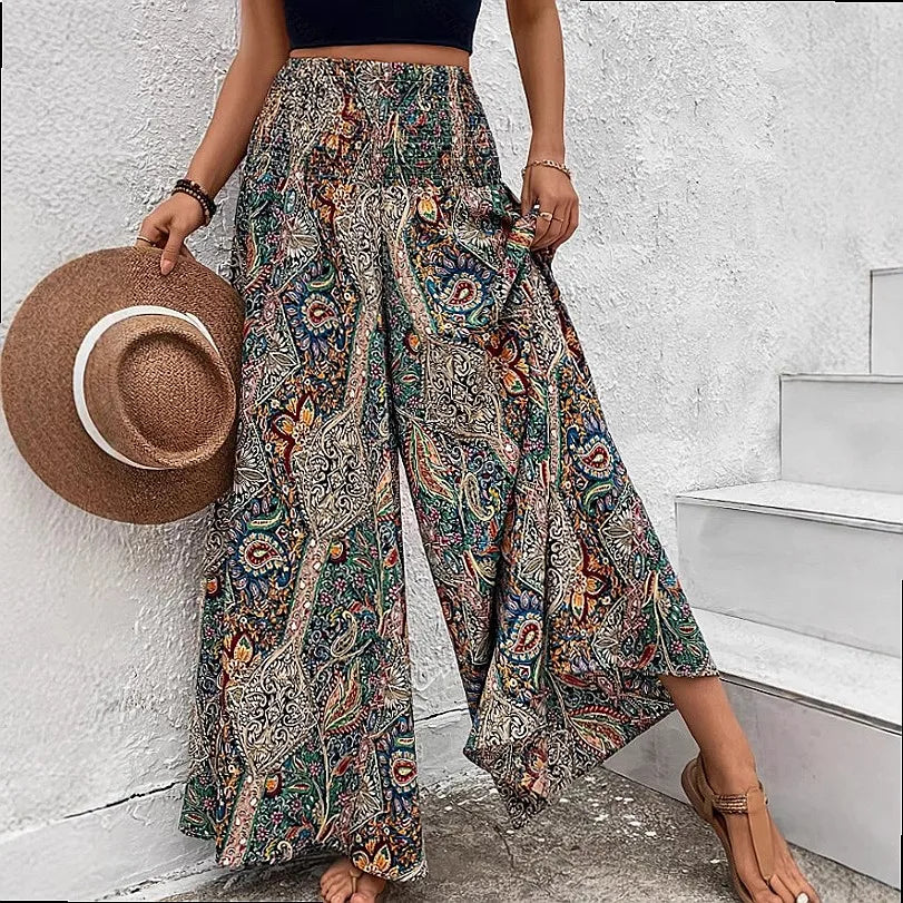 Bohemian Wide Leg Pants Retro Colorful Print High Waist Loose Casual Trousers Boho Palazzo Pants