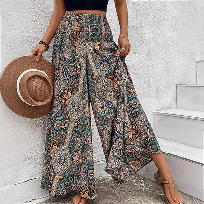 Bohemian Wide Leg Pants Retro Colorful Print High Waist Loose Casual Trousers Boho Palazzo Pants
