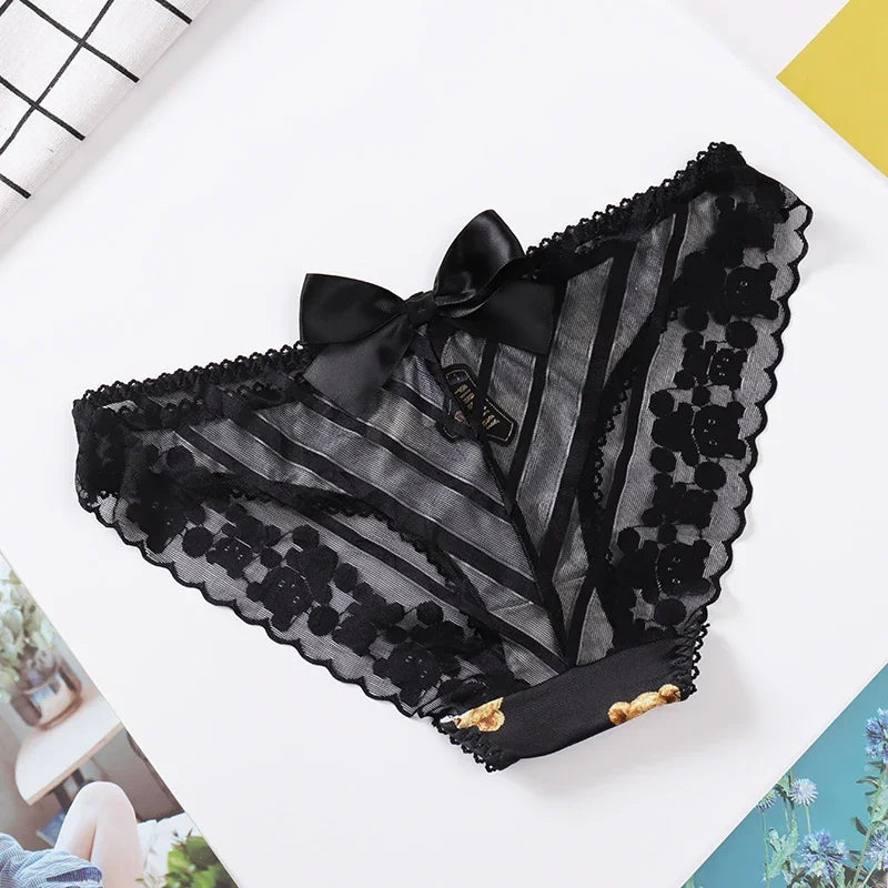 Couple Panties Set Sexy Lace Ice Silk Fabrics Underwear Men's Boxers Cartoon Bear Print Panties set Women's Briefs 1 PCS