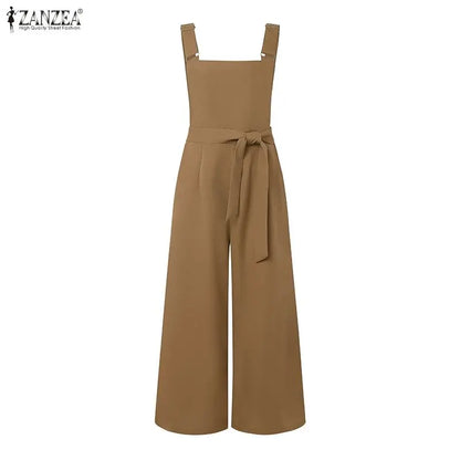 ZANZEA Elegant Wide Leg Bib Jumpsuits with Adjustable Suspender Strap & Detachable Sash, Summer Women Casual Overalls Streetwear