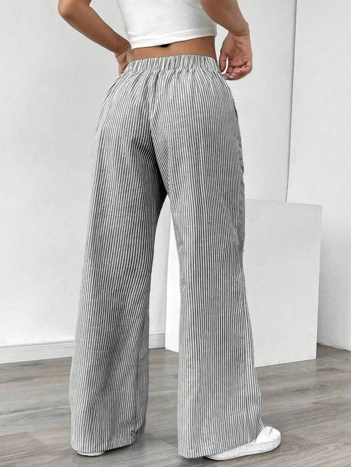Summer new striped drawstring wide leg pants for women, high waisted, loose fit, slimming, casual straight leg, hanging pants