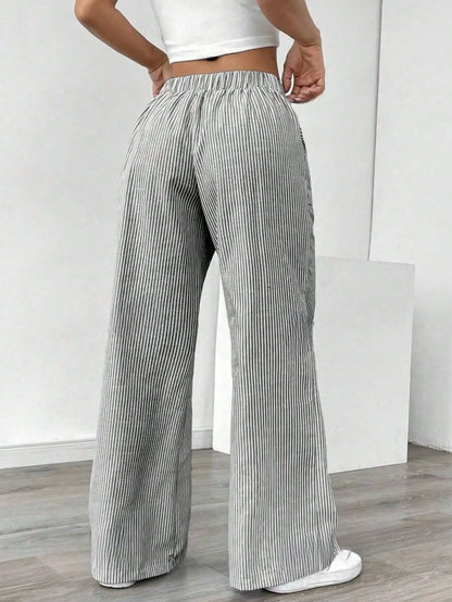 Summer new striped drawstring wide leg pants for women, high waisted, loose fit, slimming, casual straight leg, hanging pants