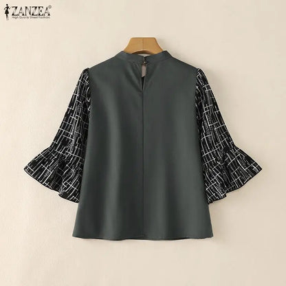 ZANZEA 2026 Women Elegant Tie Neck Blouses Patchwork 3/4 Flared Sleeve Casual Tops Autumn Everyday Wear Dates Blusas Mujer