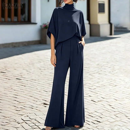 ZANZEA Summer Matching Stes Fashion Women Half Sleeve Blouse Wide Leg Pants Sets Casual Solid OL Work Outfits 2 Pieces Tracksuit