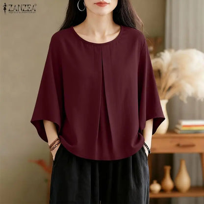 ZANZEA Women's Minimalist Solid Blouses Summer Casual O-Neck 3/4 Flare Sleeves Pleated Loose Tops 2026 Spring Woman Clothes 3XL