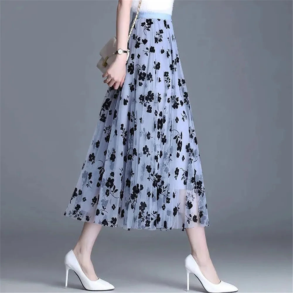 Mesh Floral Skirt Women 2023 Spring Summer Autumn Long Gauze Skirt High Waisted Grace Fashion Puff Skirts Elegant Mujer Printing