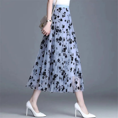 Mesh Floral Skirt Women 2023 Spring Summer Autumn Long Gauze Skirt High Waisted Grace Fashion Puff Skirts Elegant Mujer Printing