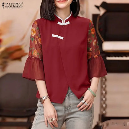 ZANZEA Chinese Style Woman Floral Chiffon Patchwork Sleeves Blouses Mandarin Collar Vintage Tops Summer Elegant Daily Wear Blusa