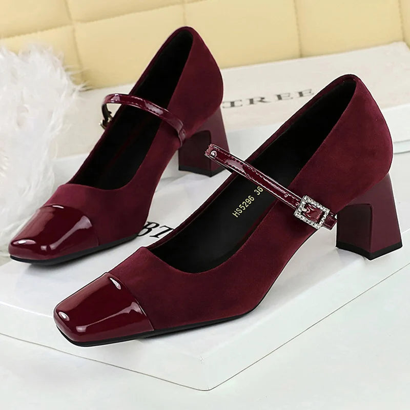 BIGTREE Shoes Leopard Print Women Pumps Suede Middle Heel Shoes Sexy Mary Jane Shoes Rhinestone Buckle Ladies Shoes Square Head