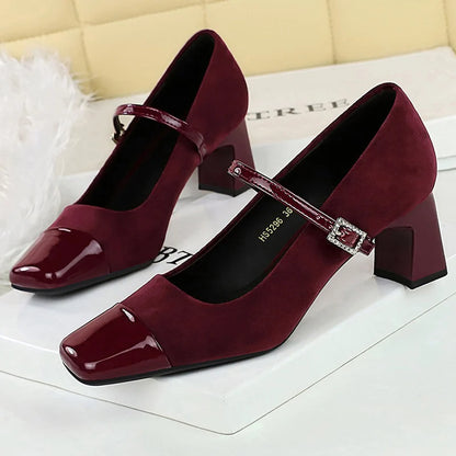 BIGTREE Shoes Leopard Print Women Pumps Suede Middle Heel Shoes Sexy Mary Jane Shoes Rhinestone Buckle Ladies Shoes Square Head